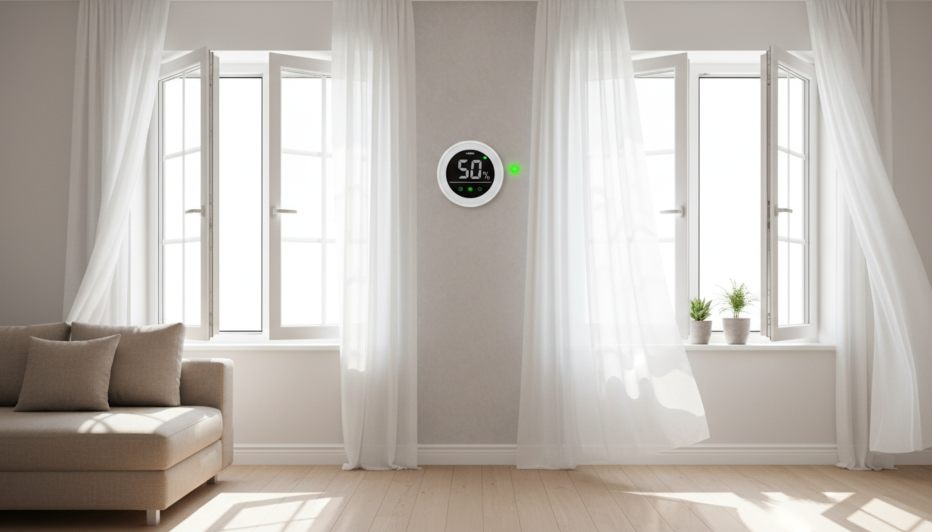 Modernes Wohnzimmer mit geöffneten Kippfenstern, frische Luft, Hygrometer im Bild — richtig lüften nach Fenstertausch
