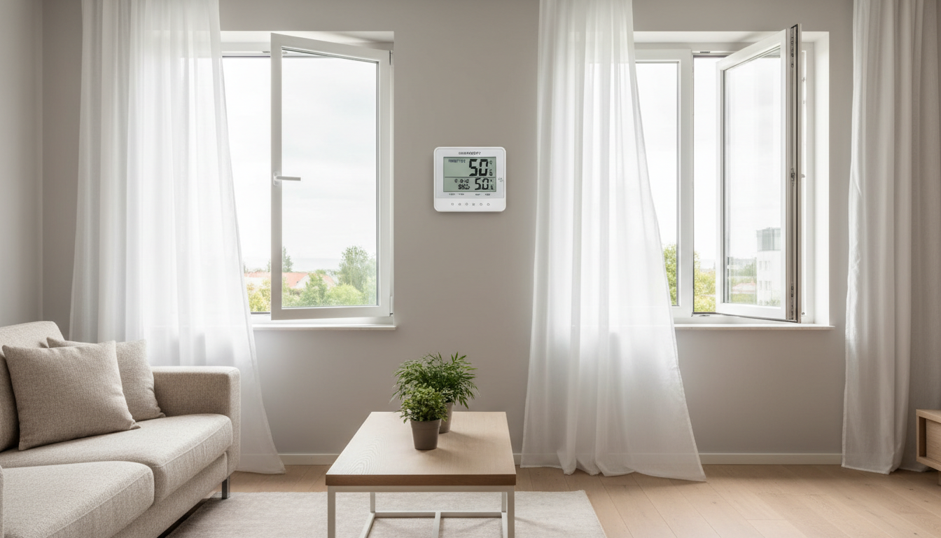 Thermografie einer Raumecke am Fenster mit kalten Stellen und Wärmebrücken — Tipps zum richtig lüften nach Fenstertausch.