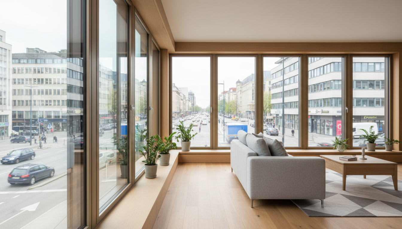 Schallschutzfenster für Straßenlärm – Ruhiges Wohnzimmer Modernes Wohnzimmer mit großen Schallschutzfenstern für Straßenlärm – ruhige, helle Atmosphäre trotz Straße draußen.