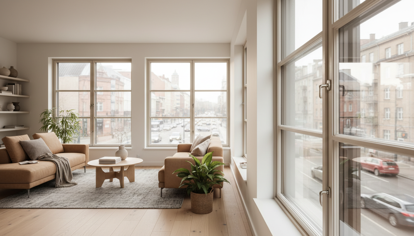 Schallschutzfenster für Straßenlärm – ruhiges Wohnzimmer Messgerät zeigt Dezibel, schallschutzfenster für Straßenlärm im modernen Wohnzimmer sorgen für ruhige Atmosphäre