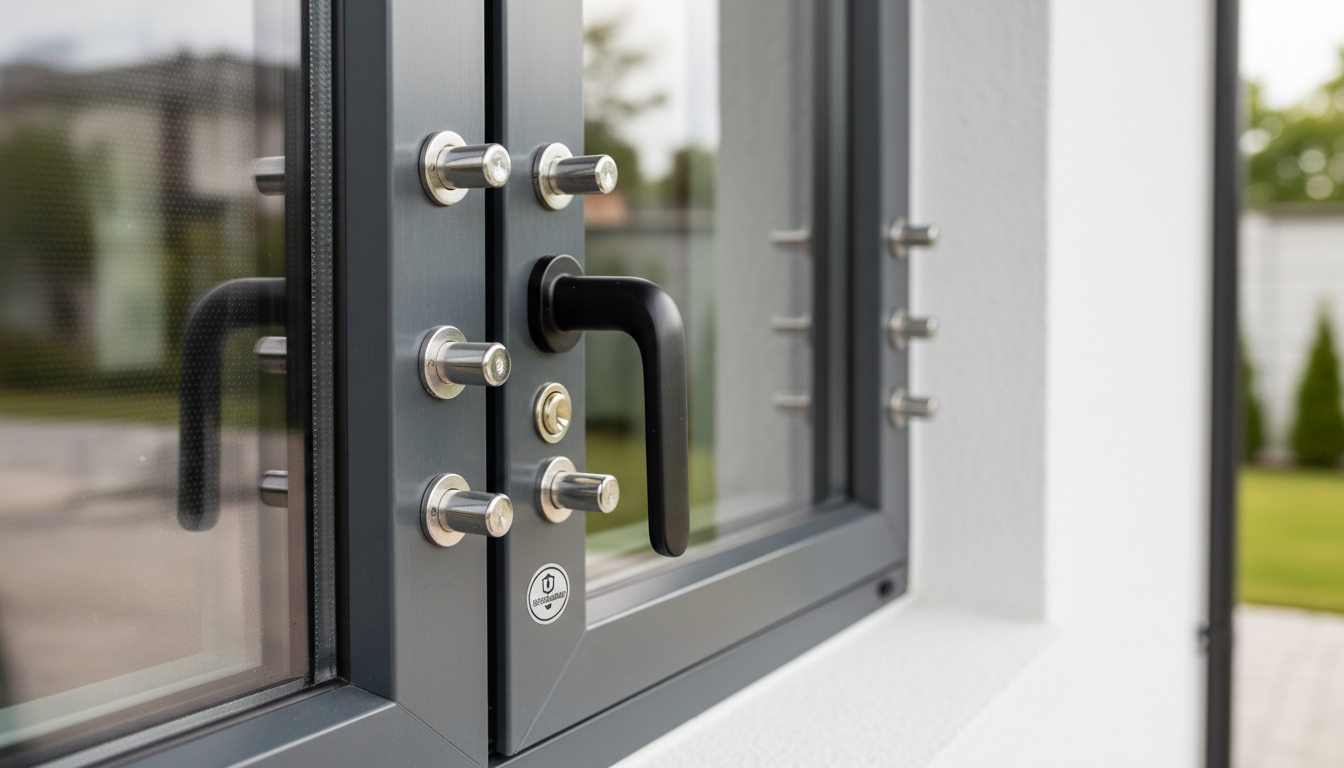 Moderner Detailshot eines Fensters mit einbruchschutz fenster, verstärktem Glas, Mehrfachverriegelung und Sicherheitsgriff.