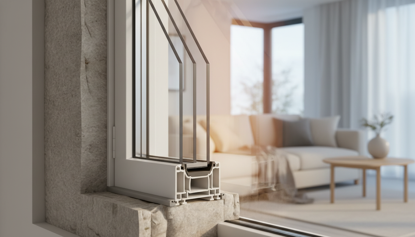 Dreifachverglasung und Abdichtung im Fensterquerschnitt, warmes Innenlicht, energie sparen mit fenstern wird sichtbar