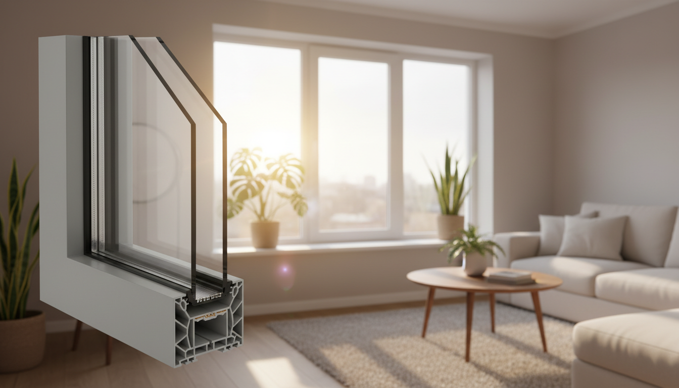 Modernes Wohnzimmer mit energieeffiziente fenster, Dreifachglas und sichtbarem Isolationsprofil, warmes Sonnenlicht.