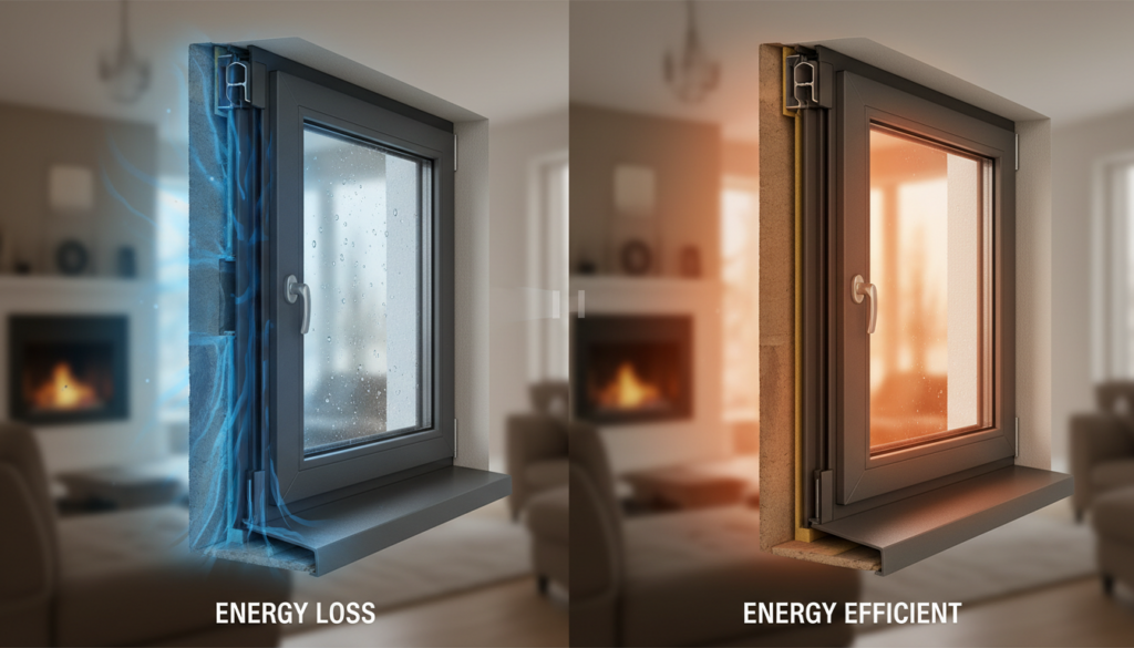 Querschnitt eines modernen Fensters mit thermischer Visualisierung: energieverlust durch fenster in blau-orange sichtbar.