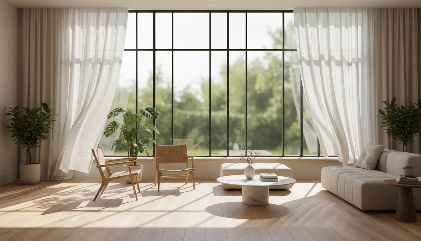 Minimalistischer Wohnraum mit bodentiefen Fenstern, fenster als gestaltungselement, Lichtmuster auf Holzfußboden