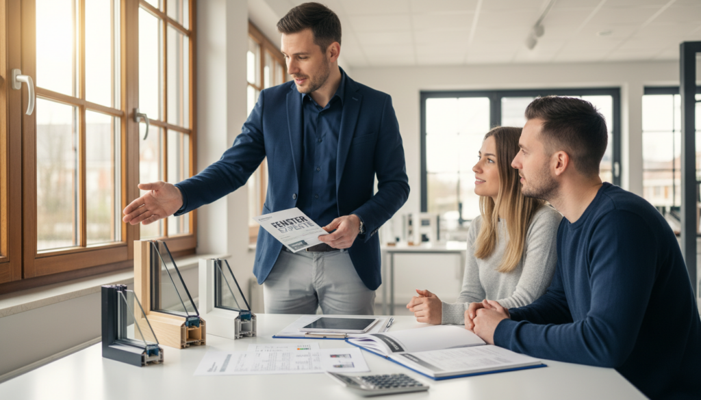 Berater zeigt Fensterproben, Kalkulation und Unterlagen im Showroom – fenster angebot für energieeffiziente Fenster.