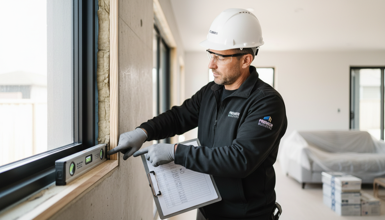 Fachmann prüft Fensterrahmen mit Wasserwaage, fenster falsch eingebaut erkennen an Fuge und Ausrichtung