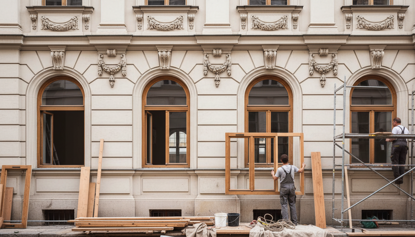 Handwerker restauriert traditionelle Holzfenster – fenster für altbau sanierung, Detailaufnahme der historischen Fassade.