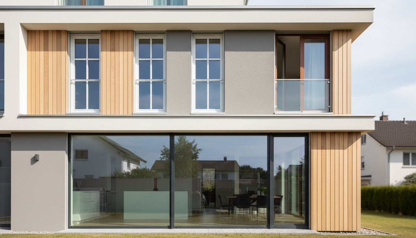 Moderne Hausfassade mit Panoramafenstern, Kipp- und Drehfenstern; fenster für die hausfassade in Detailaufnahme.