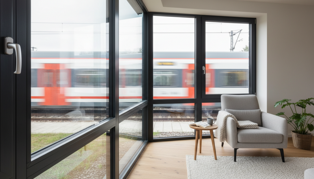 Modernes Wohnzimmer mit schallgedämmtem Fenster gegen Bahnlärm, sichtbarer Bahnlinie draußen, gemütlicher Lesesessel