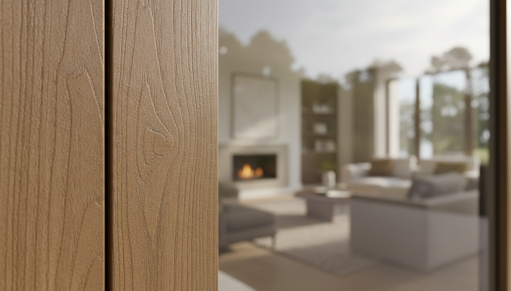 Nahaufnahme eines modernen Fenster Holzoptik-Rahmens mit realistischer Maserung und warmem Tageslicht