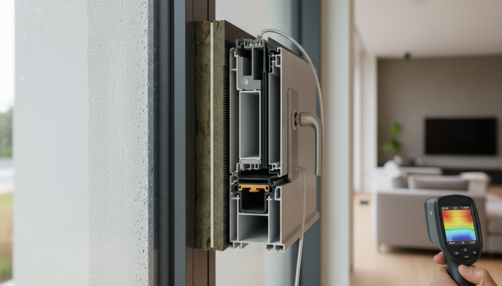 Fensterquerschnitt mit Dichtungen, Blower-Door-Messgerät und Thermokamera, fenster luftdichtheit durch Kondensat sichtbar.