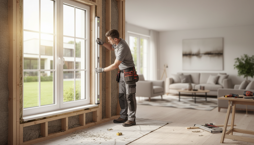 Handwerker montiert modernes, energieeffizientes Fenster mit Einbau in hellem Wohnraum, Fokus auf Rahmen und Dämmung.