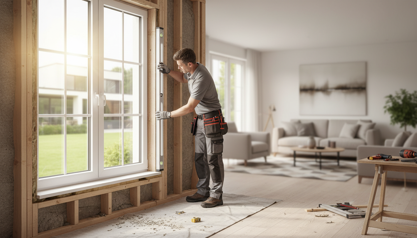 Handwerker montiert modernes, energieeffizientes Fenster mit Einbau in hellem Wohnraum, Fokus auf Rahmen und Dämmung.