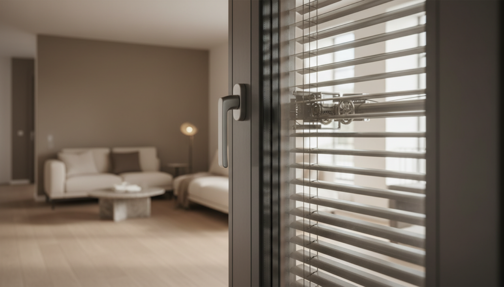 Fenster mit integriertem Sonnenschutz: Querschnitt mit Jalousien zwischen Glas, halb geschlossen, warmes Innenlicht