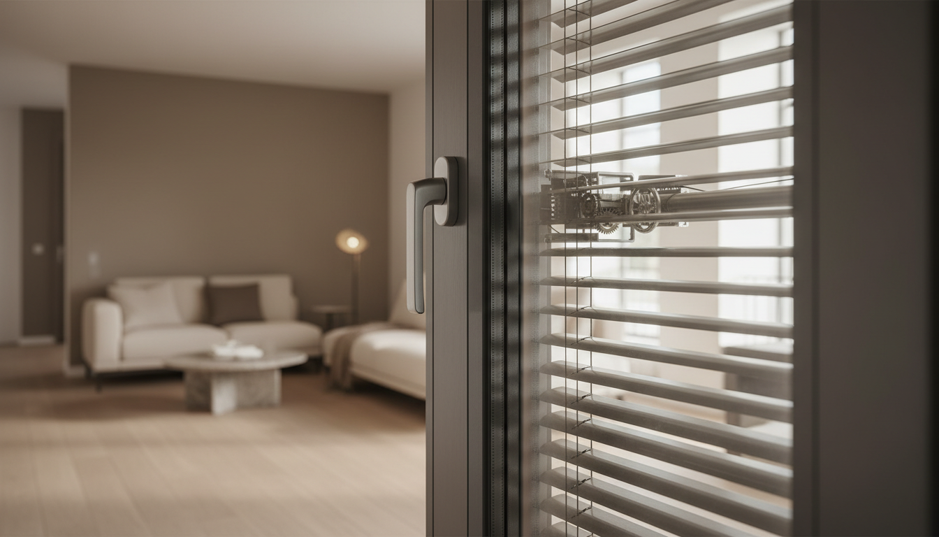 Fenster mit integriertem Sonnenschutz: Querschnitt mit Jalousien zwischen Glas, halb geschlossen, warmes Innenlicht