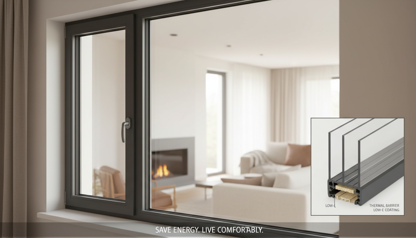Modernes dreifach verglastes Fenster mit niedrigem U-Wert, klarer Rahmen und warmer Wohnraum-Bokeh
