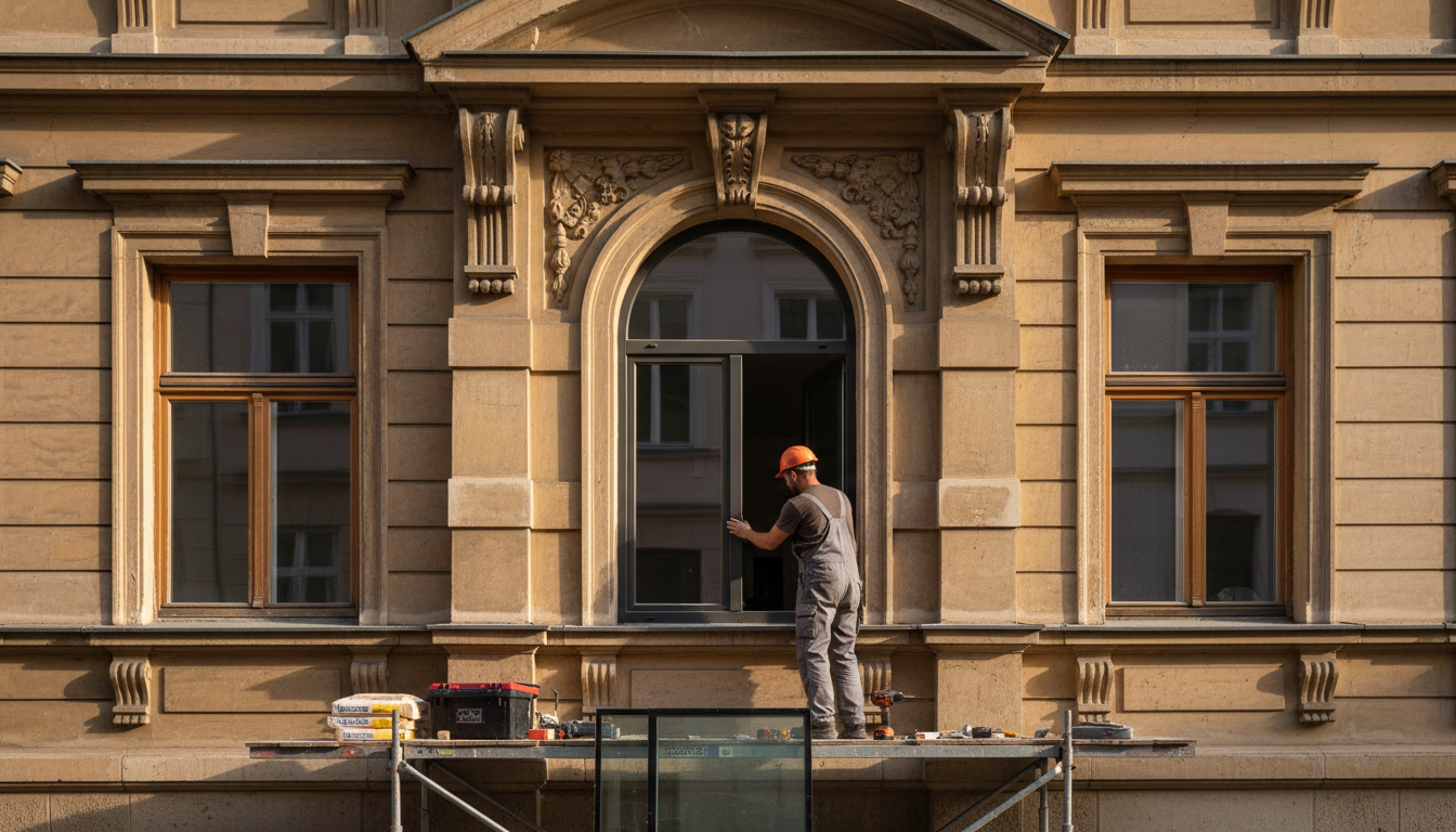 Handwerker montiert energieeffizientes Doppelfenster an historischer Fassade – fenster sanierung altbau im Vorher-Nachher