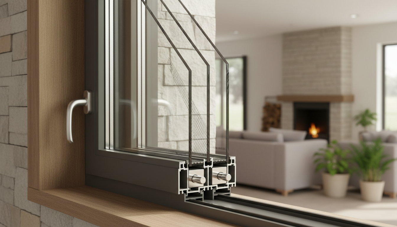 Moderner Fenster-Querschnitt mit verstärktem Glas, Mehrpunktverschluss und sichtbaren fenster sicherheitsstufen