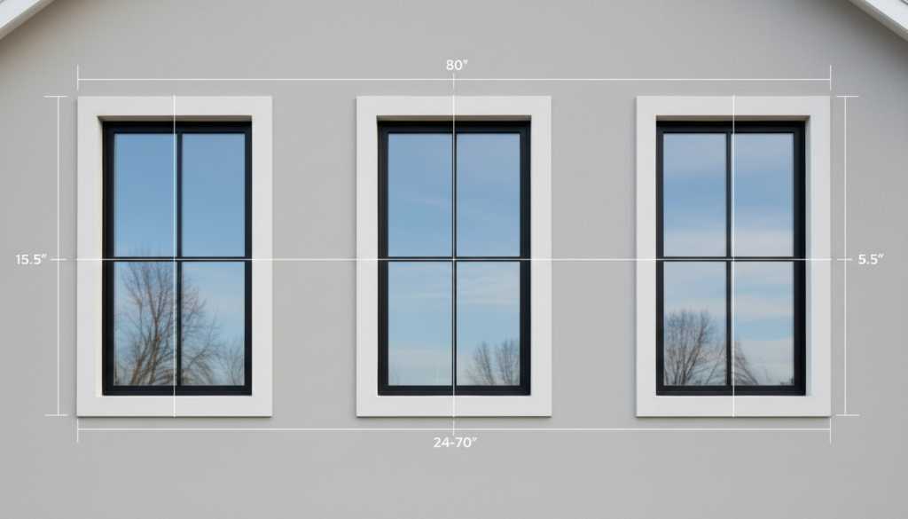 Moderne Hausfassade mit drei gleichmäßig angeordneten Fenstern, fenster symmetrisch anordnen mit dezenten Messlinien.