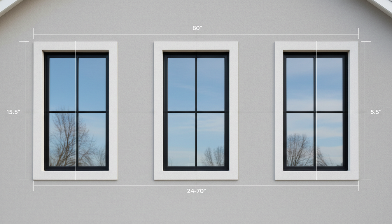 Moderne Hausfassade mit drei gleichmäßig angeordneten Fenstern, fenster symmetrisch anordnen mit dezenten Messlinien.