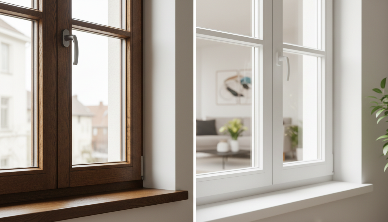 Moderner Vergleich: Fensterrahmen aus Holz oder Plastik in hellem Wohnraum, Holzmaserung und glatte PVC-Oberfläche sichtbar
