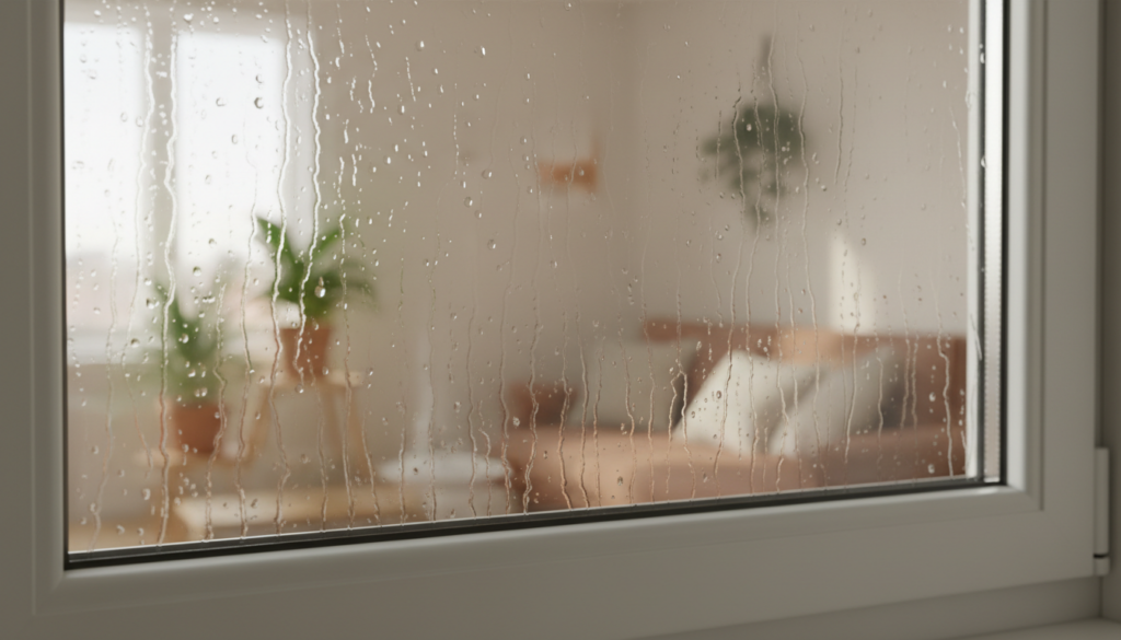 Nahaufnahme zeigt Feuchtigkeit am Fenster innen: Kondenswasserperlen an weißer Scheibe, verschwommener Wohnraum im Hintergrund.