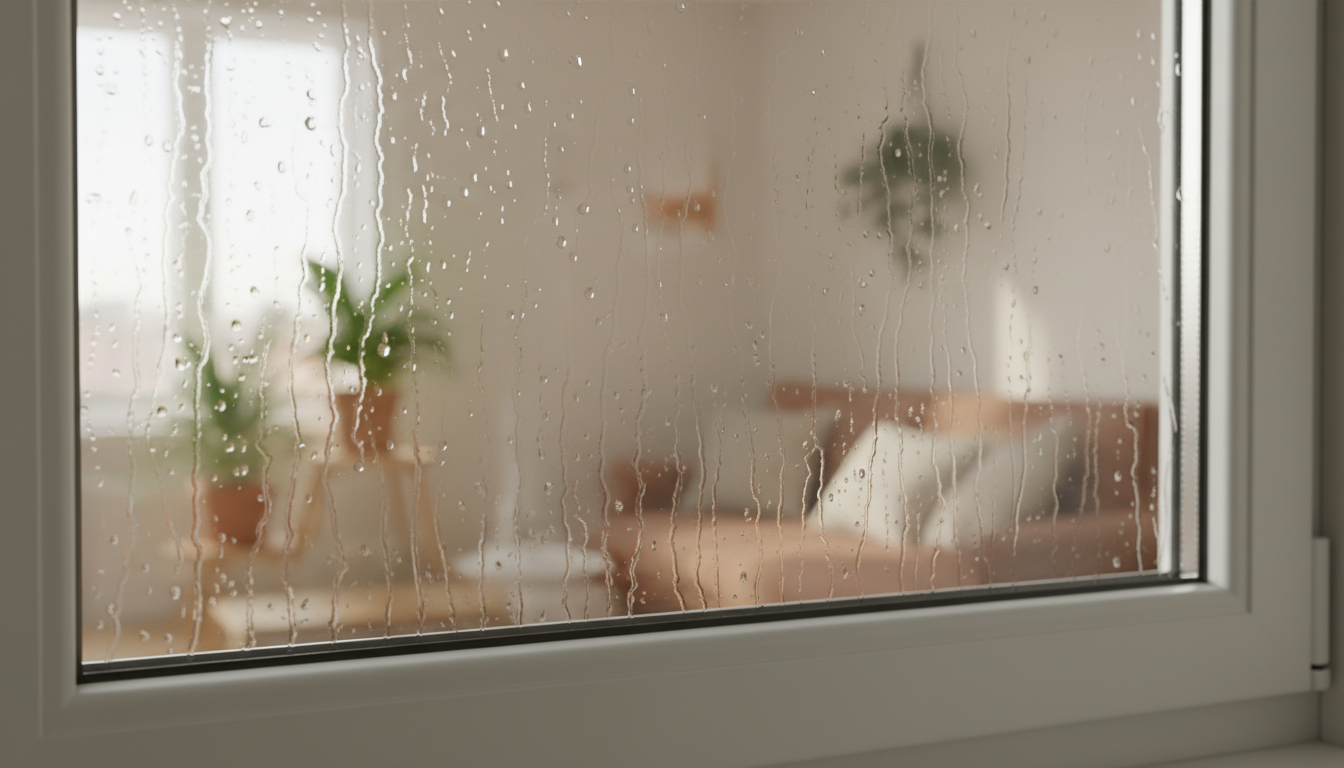 Nahaufnahme zeigt Feuchtigkeit am Fenster innen: Kondenswasserperlen an weißer Scheibe, verschwommener Wohnraum im Hintergrund.