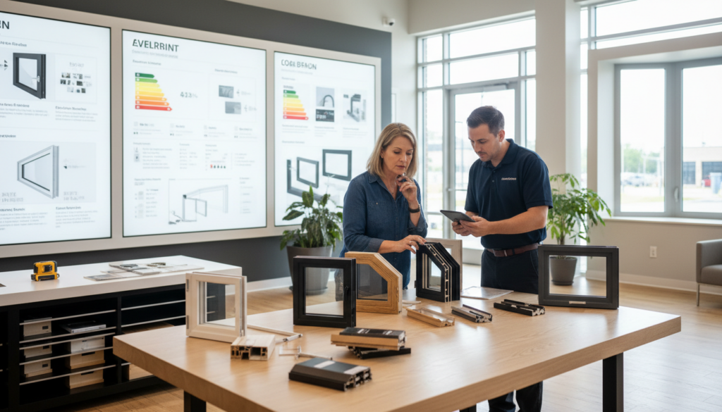 Hausbesitzer diskutiert häufige Fehler beim Fensterkauf mit Experte im Showroom, Muster und Messwerkzeug sichtbar