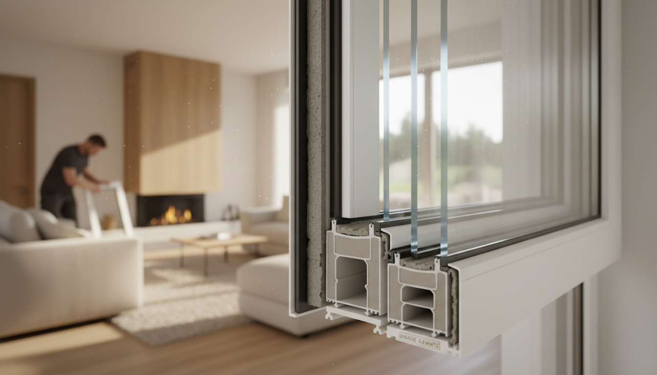 Modernes, hochwärmedämmende fenster mit Dreifachverglasung und isoliertem Rahmen im Wohnraum