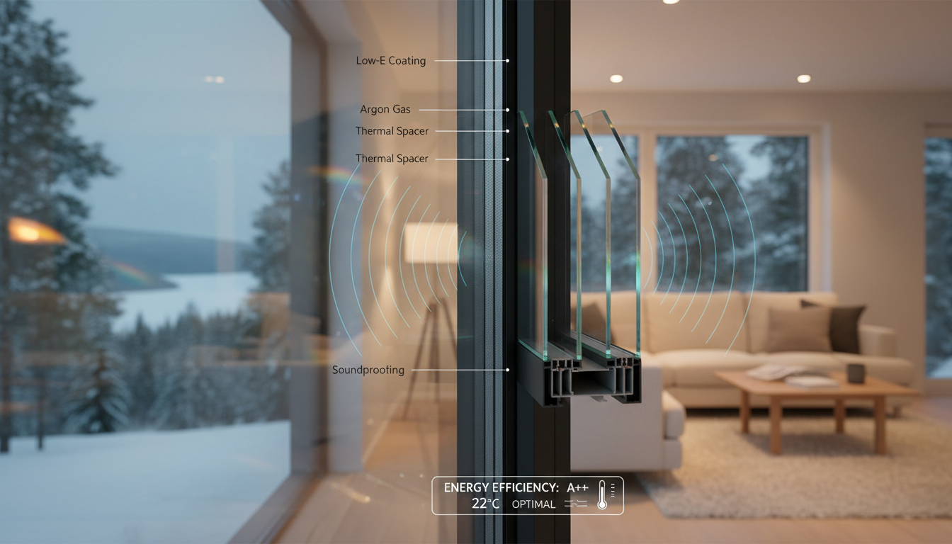 Kristallklares Dreifachglas-Fenster im modernen Wohnzimmer zeigt isolierglas fenster vorteile: Energieeffizienz, Schalldämmung.