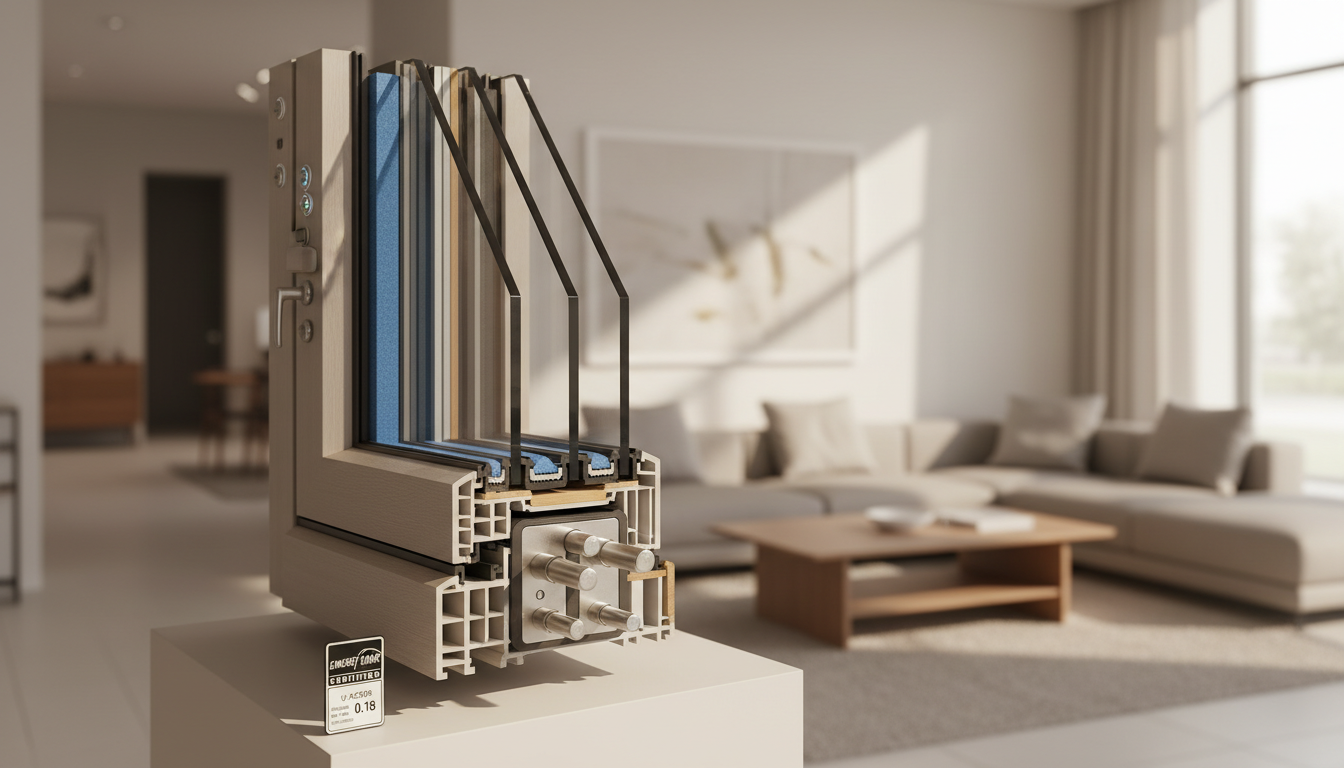 Querschnitt eines modernen Mehrscheibenfensters mit Isolierung, Schloss und Sensoren, moderne fenstertechnik.