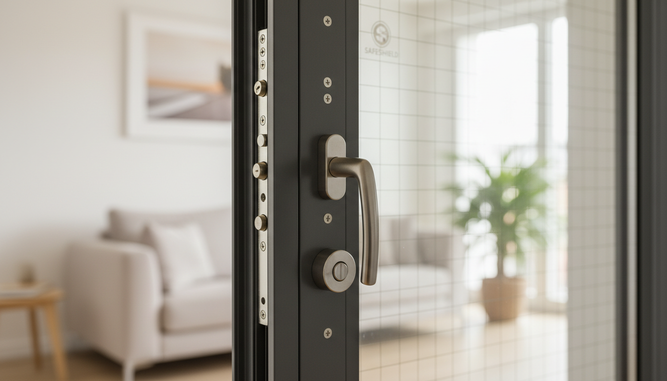 Nahaufnahme eines modernen Fensters mit Einbruchhemmung, verstärktem Rahmen, Mehrfachverriegelung und Sicherheitsglas.
