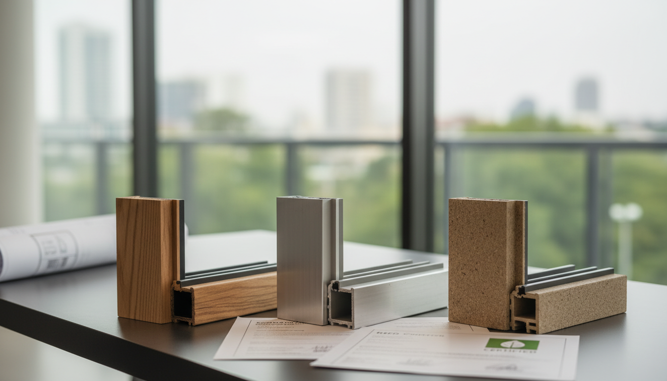 Querschnitt nachhaltige fenster materialien: Holz-, recyceltes Aluminium- und Verbundrahmen auf modernem Architektentisch