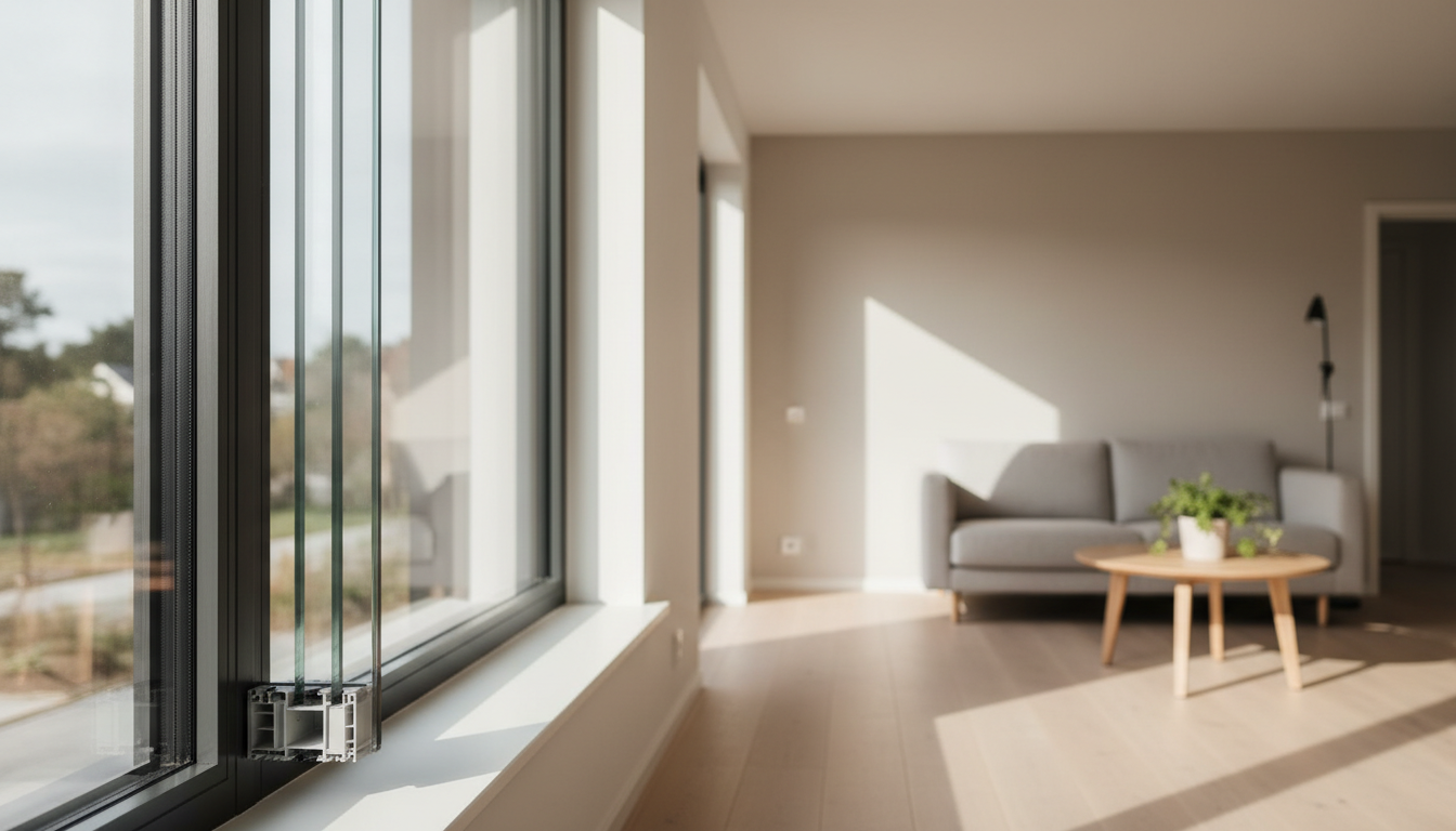 Passivhausfenster mit dreifachverglasung und isoliertem Rahmen im skandinavischen Wohnraum bei warmem Tageslicht
