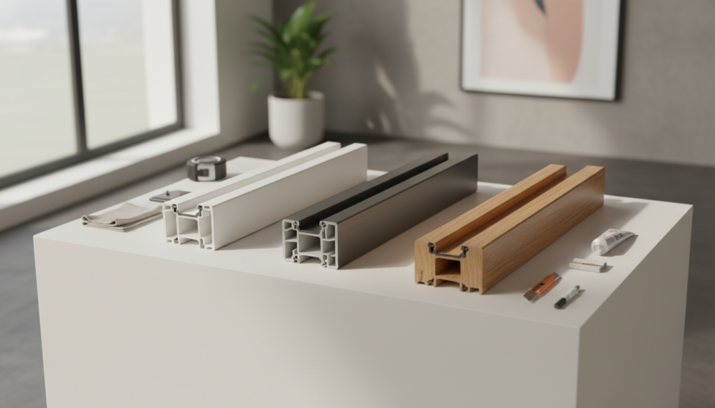 Pflegeleichte Fensterrahmen Materialien: Nahaufnahme von PVC, Aluminium und Holzquerschnitten auf weißer Fläche.