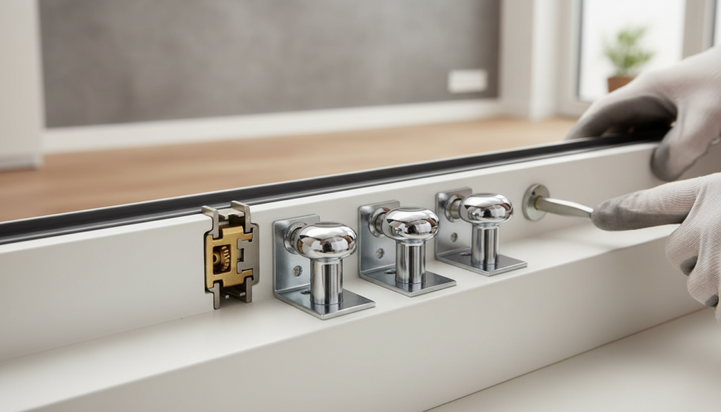 Detaillierte Nahaufnahme einer pilzkopfverriegelung fenster mit verchromten Bolzen und Installateurhand