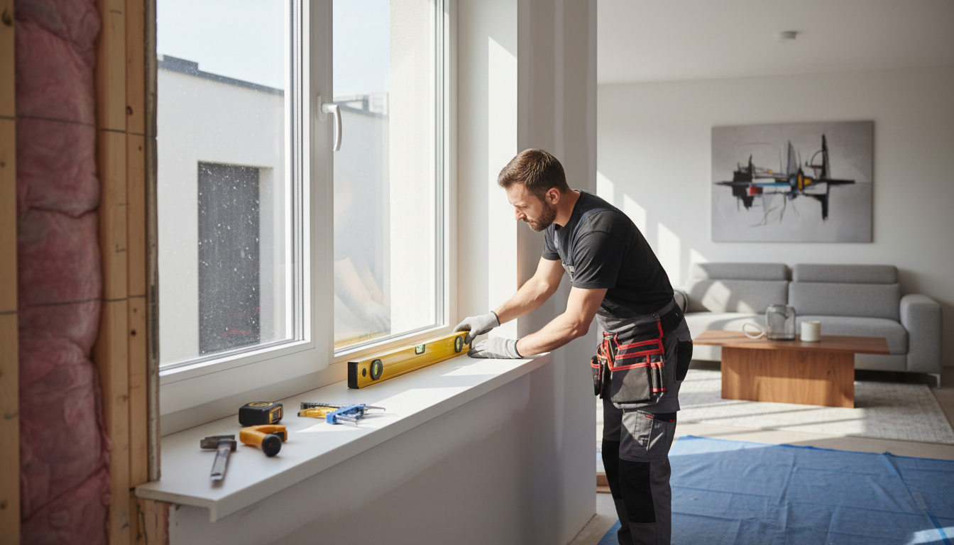 Handwerker inspiziert weiße PVC-Fensterdichtung; mögliche probleme nach fenstertausch mit Messgerät sichtbar.