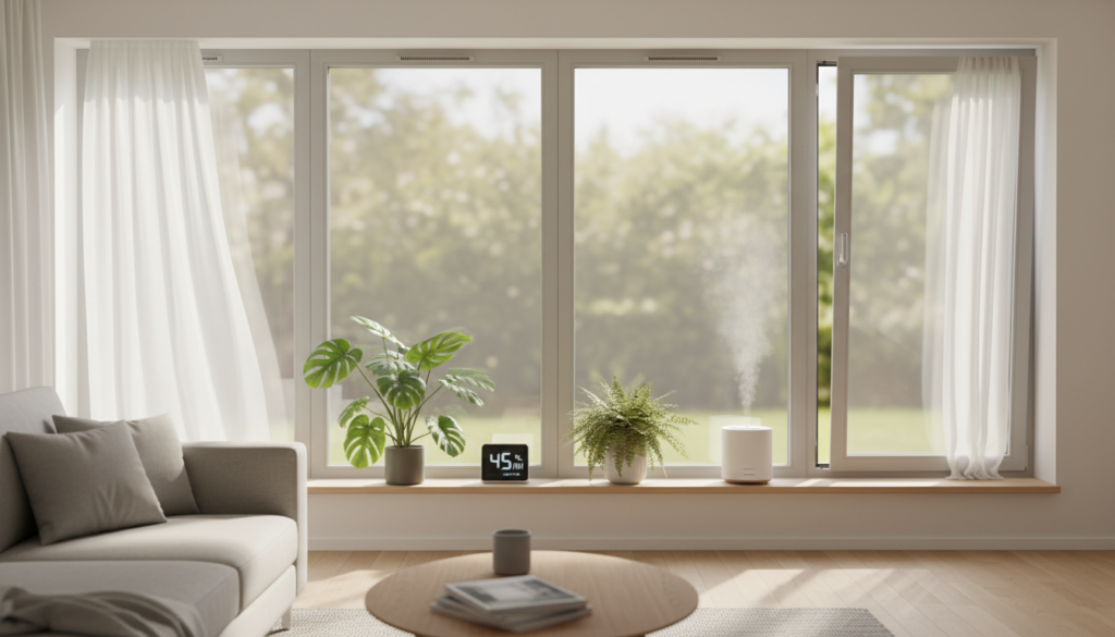 Modernes Wohnzimmer mit großen Fenstern, Hygrometer und Pflanzen – zeigt, wie raumklima verbessern fenster gelingt