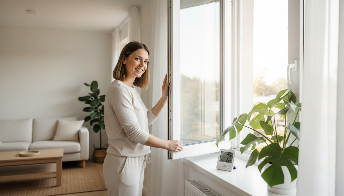 Frau öffnet modernes Kipp- und Drehfenster – richtig lüften nach Fenstertausch, frische Luft, optimale Luftfeuchte sichtbar