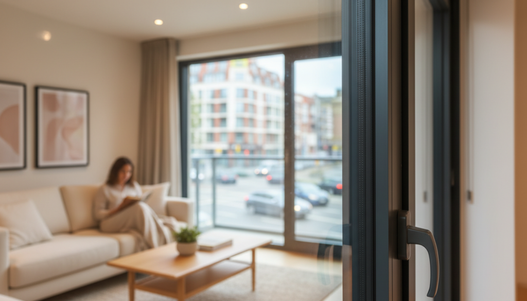 Modernes Schallschutzfenster für Straßenlärm in urbaner Wohnung, ruhige Szene mit Person entspannt auf Sofa