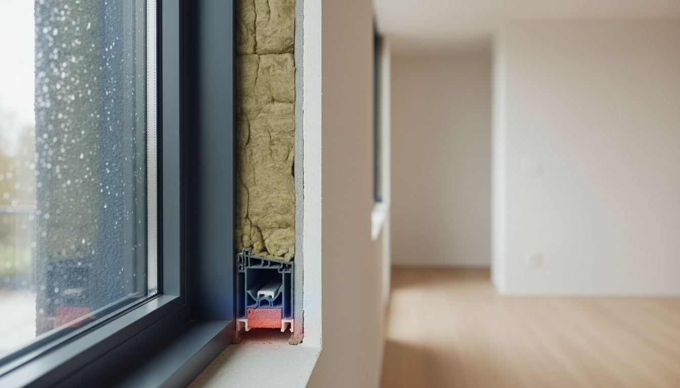 Detailaufnahme Fensterquerschnitt mit Thermo-Overlay, Isolierung und Tauwasser, erklärt wie wärmebrücken fenster vermeiden.