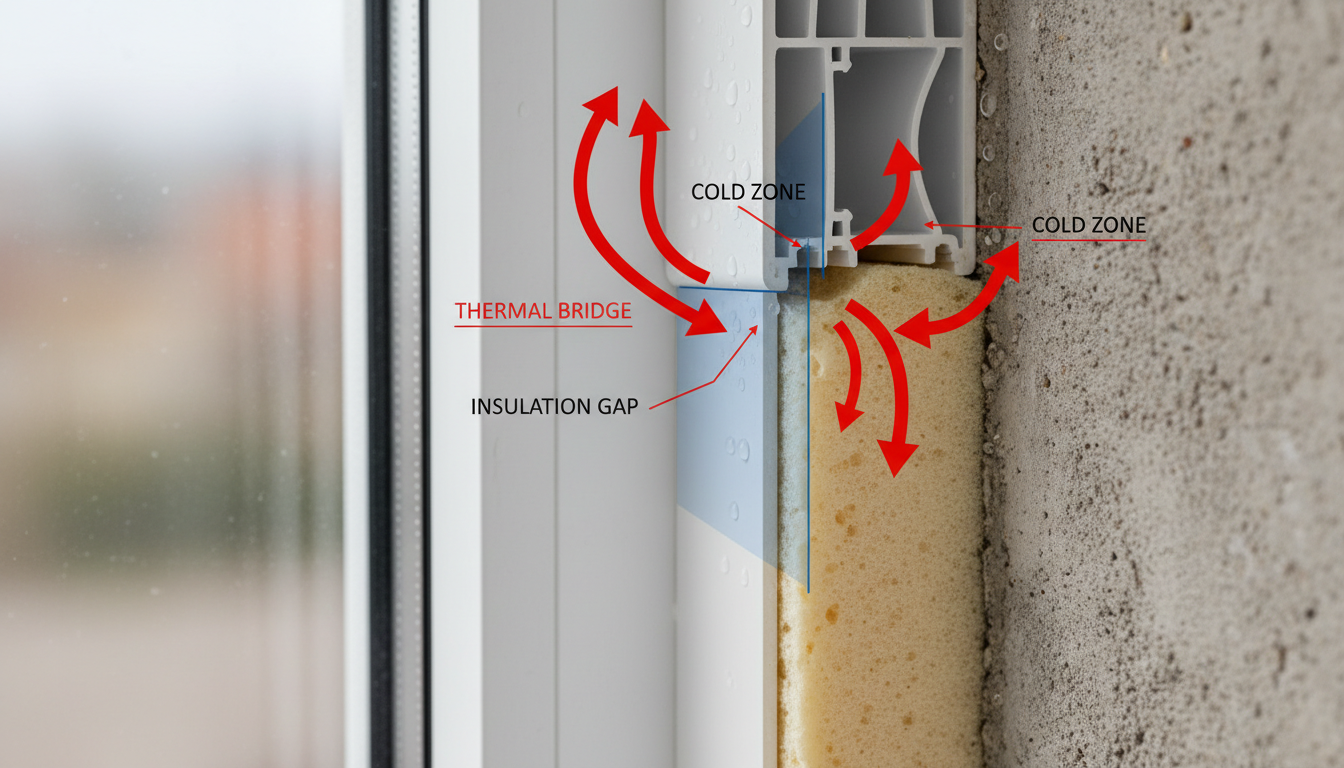 Handwerker dichtet Fensterrahmen mit Schaum und Klebeband, wärmebrücken fenster vermeiden durch korrekte Einbauschicht.