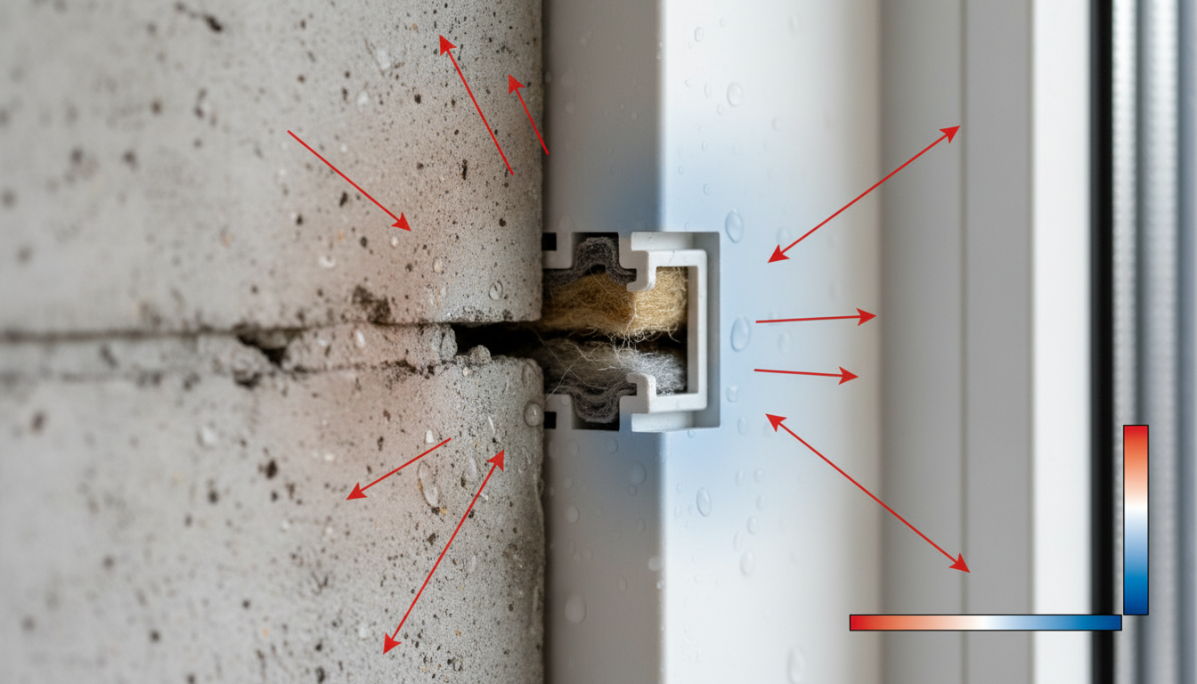 Querschnittsbild zeigt Wärmebrücken Fenster vermeiden am Rahmen: Isolationsspalt und Kondensation sichtbar