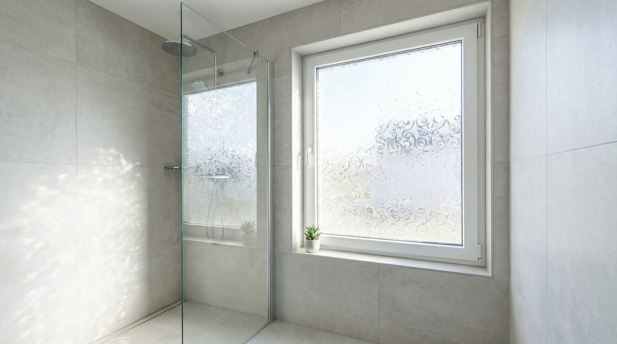 Badezimmer-Fenster mit Ornamentglas neben Dusche – blickdicht und feuchtigkeitsbeständig