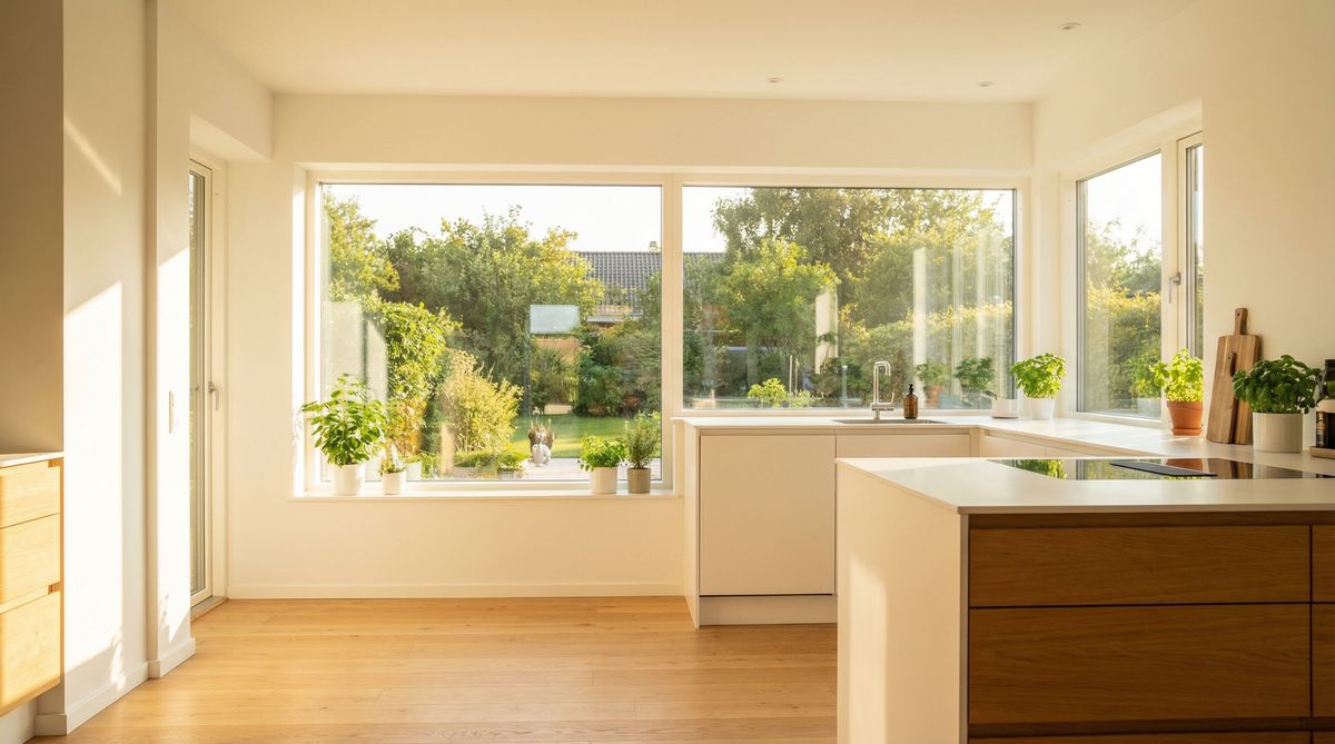 Moderne Küche mit großen Sicherheitsglas-Fenstern und natürlichem Tageslicht