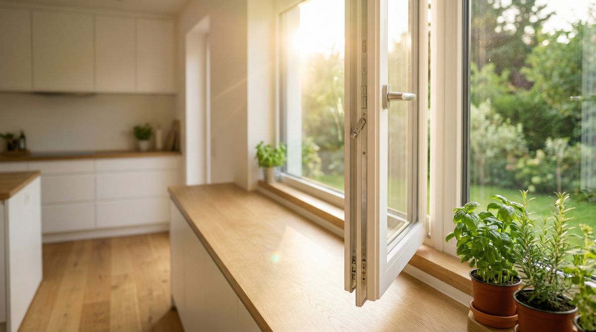Fensterbeschlag und Griff an einem modernen Küchenfenster mit Blick in den Garten