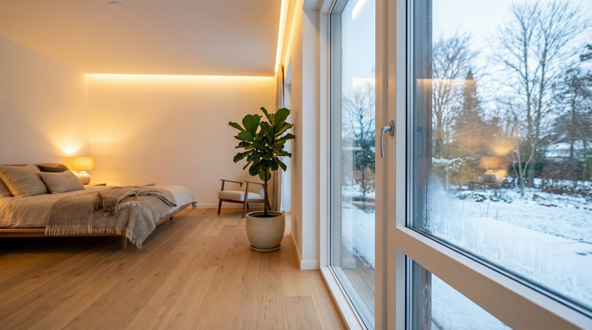 Gemütliches Schlafzimmer mit energiesparenden Fenstern und Blick in den Wintergarten