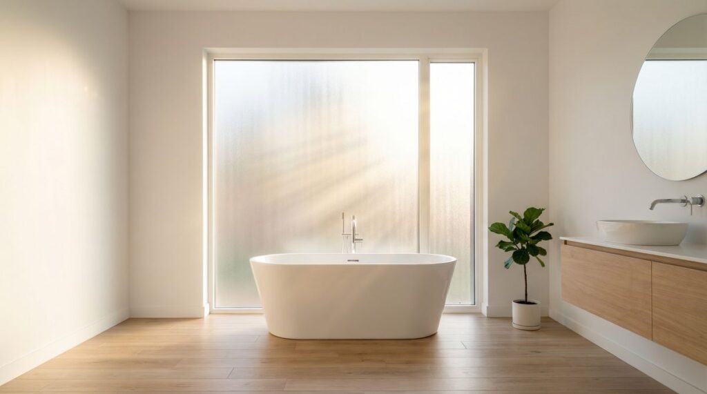 Modernes Badezimmer mit Milchglas-Fenster – natürliches Tageslicht und Sichtschutz
