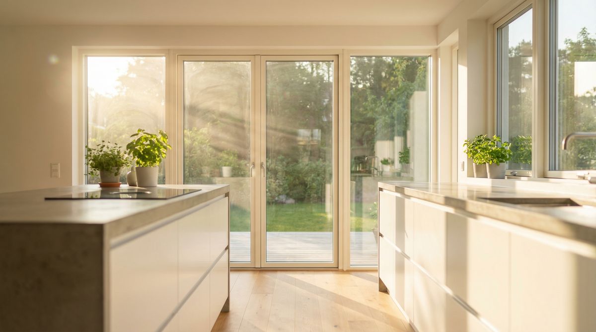 Moderne Küche mit großen dreifachverglasten Fenstern und natürlichem Tageslicht